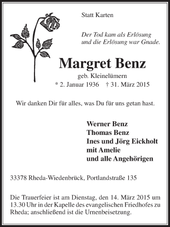 Traueranzeige von Margret Benz von Die Glocke