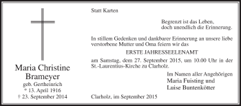Traueranzeige von Maria Christine Brameyer von Die Glocke