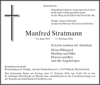 Traueranzeige von Manfred Stratmann von Die Glocke