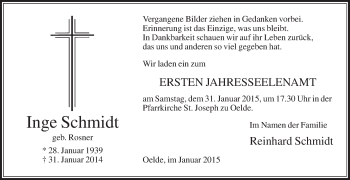 Traueranzeige von Inge Schmidt von Die Glocke