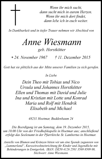 Traueranzeige von Anne Wiesmann von Die Glocke