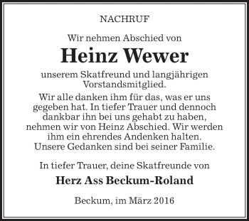 Traueranzeige von Heinz Wewer von Die Glocke