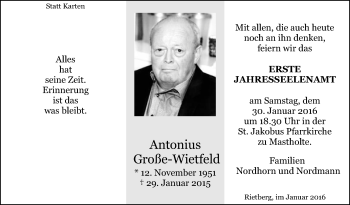 Traueranzeige von Antonius Große-Wietfeld von Die Glocke