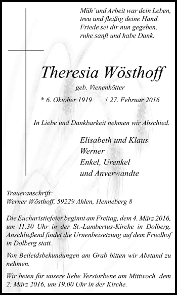 Traueranzeige von Theresia Wösthoff von Die Glocke