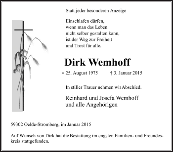 Traueranzeige von Dirk Wemhoff von Die Glocke