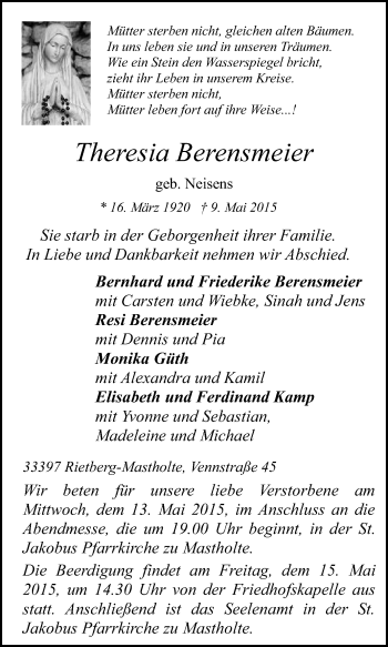 Traueranzeige von Theresia Berensmeier von Die Glocke