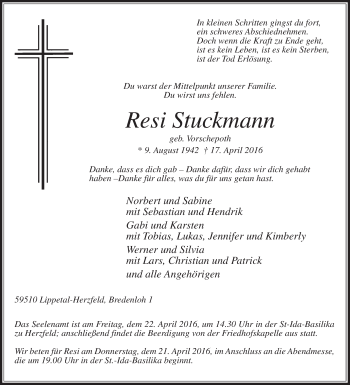 Traueranzeige von Resi Stuckmann von Die Glocke
