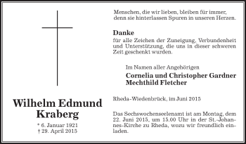 Traueranzeige von Wilhelm Edmund Kraberg von Die Glocke