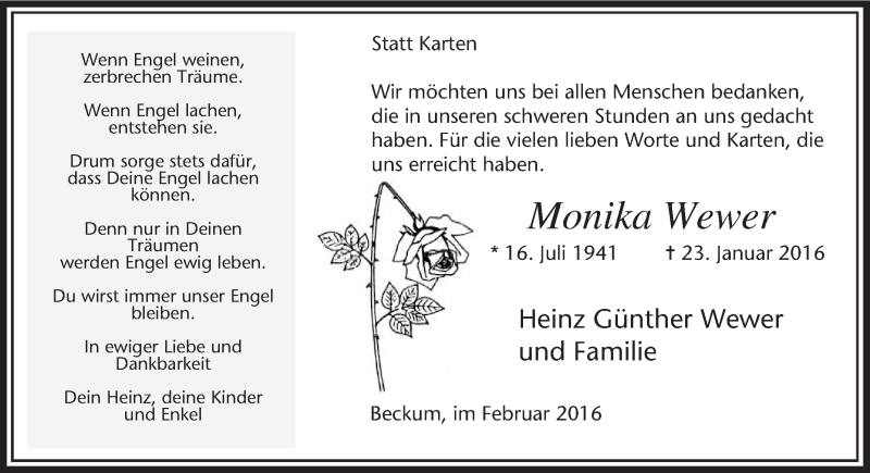  Traueranzeige für Monika Wewer vom 27.02.2016 aus Die Glocke