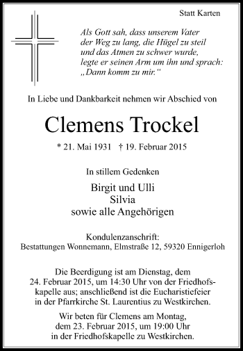 Traueranzeige von Clemens Trockel von Die Glocke