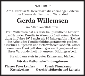 Traueranzeige von Gerda Willemsen von Die Glocke