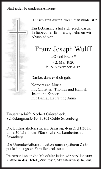 Traueranzeige von Franz Joseph Wulff von Die Glocke