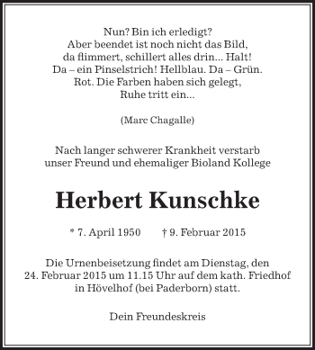 Traueranzeige von Herbert Kunschke von Die Glocke