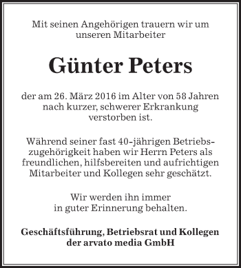 Traueranzeige von Günter Peters von Die Glocke