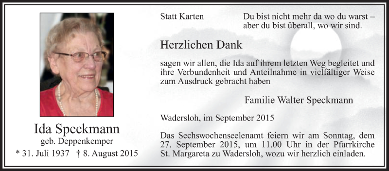  Traueranzeige für Ida Speckmann vom 19.09.2015 aus Die Glocke