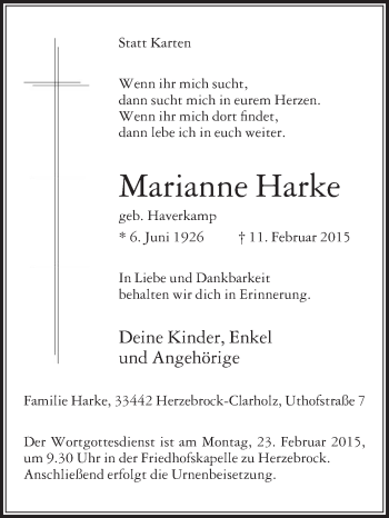 Traueranzeige von Marianne Harke von Die Glocke