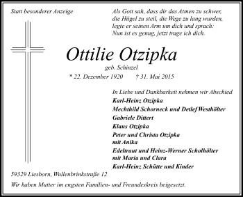 Traueranzeige von Ottilie Otzipka von Die Glocke