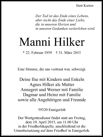 Traueranzeige von Manni Hilker von Die Glocke