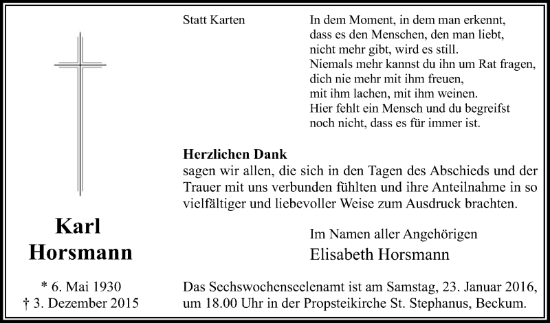  Traueranzeige für Karl Horsmann vom 19.01.2016 aus Glocke Trauer