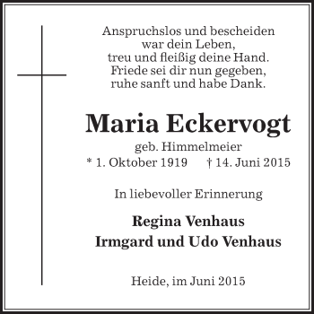 Traueranzeige von Maria Eckervogt von Die Glocke