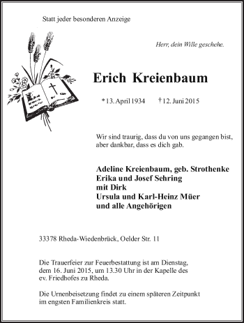 Traueranzeige von Erich Kreienbaum von Die Glocke