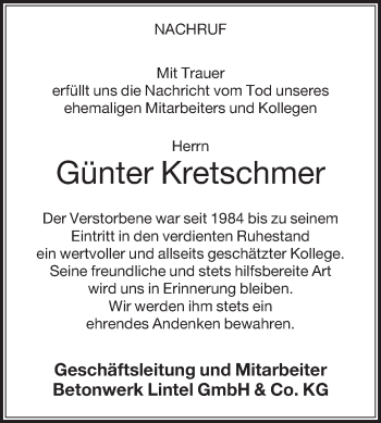 Traueranzeige von Günter Kretschmer von Die Glocke