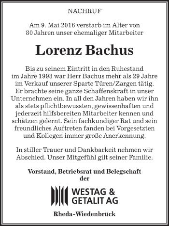 Traueranzeige von Lorenz Bachus von Die Glocke