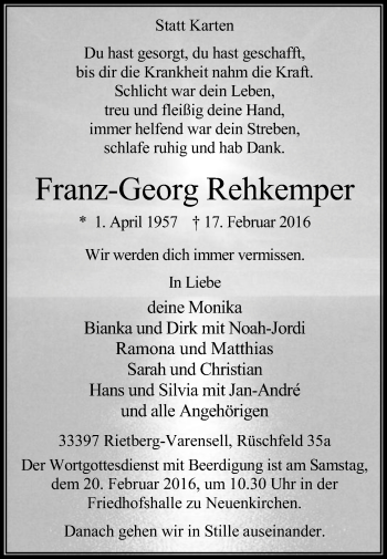 Traueranzeige von Franz-Georg Rehkemper von Die Glocke