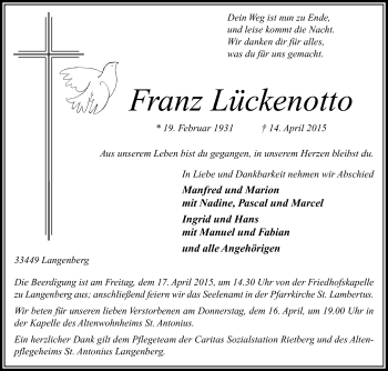 Traueranzeige von Franz Lückenotto von Die Glocke