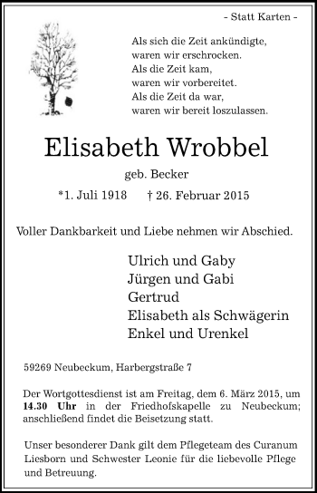 Traueranzeige von Elisabeth Wrobbel von Die Glocke