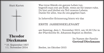 Traueranzeige von Theodor Dieckmann von Die Glocke