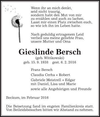 Traueranzeige von Gieslinde Bersch von Die Glocke