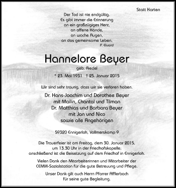 Traueranzeige von Hannelore Beyer von Die Glocke