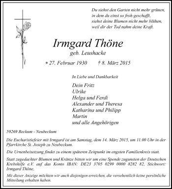 Traueranzeige von Irmgard Thöne von Die Glocke