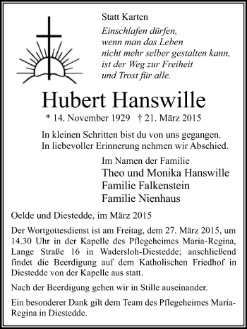 Traueranzeige von Hubert Hanswille von Die Glocke