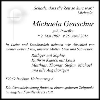 Traueranzeige von Michaela Genschur von Die Glocke