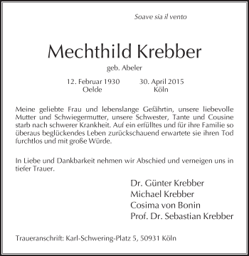 Traueranzeige von Mechthild Krebber von Die Glocke