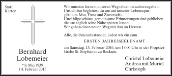 Traueranzeige von Bernhard Lobemeier von Die Glocke