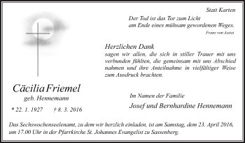 Traueranzeige von Cäcilia Friemel von Die Glocke