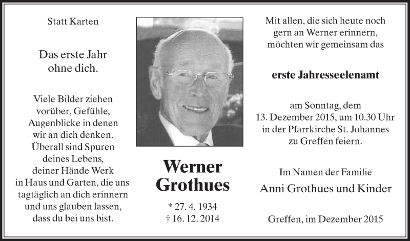  Traueranzeige für Werner Grothues vom 05.12.2015 aus Die Glocke