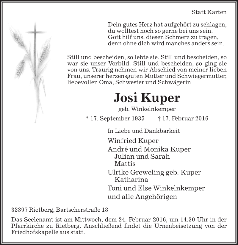  Traueranzeige für Josi Kuper vom 20.02.2016 aus Die Glocke