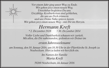 Traueranzeige von Hermann Kreft von Die Glocke