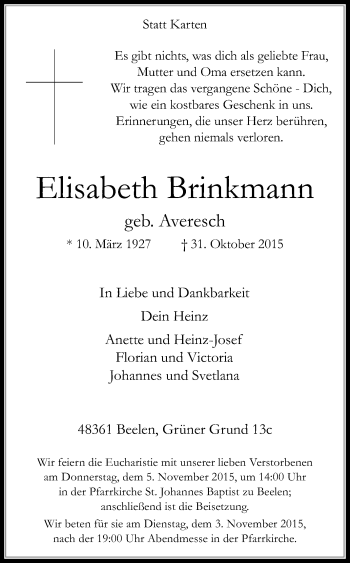 Traueranzeige von Elisabeth  Brinkmann von Die Glocke