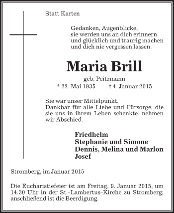 Traueranzeige von Maria Brill von Die Glocke