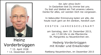 Traueranzeige von Heinz Vorderbrüggen von Die Glocke