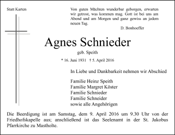 Traueranzeige von Agnes Schnieder von Die Glocke
