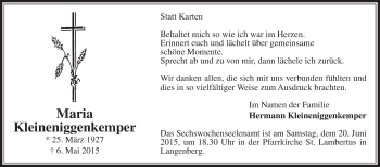 Traueranzeige von Maria Kleineniggenkemper von Die Glocke