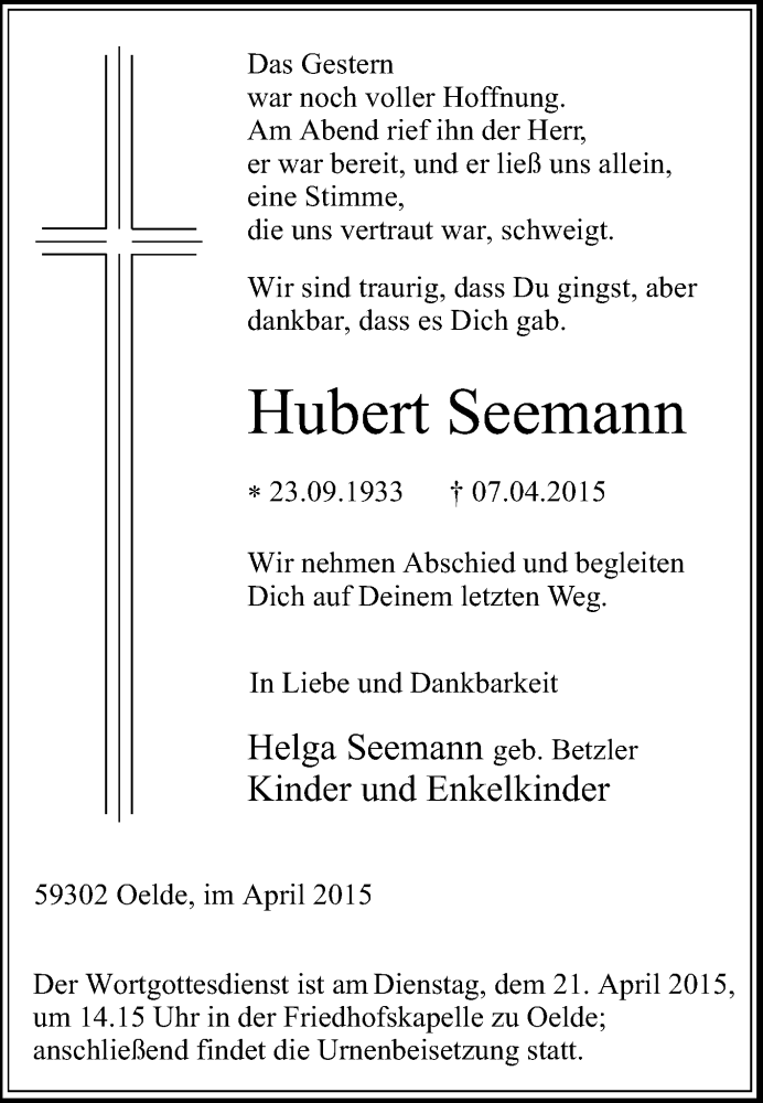  Traueranzeige für Hubert Seemann vom 15.04.2015 aus Die Glocke