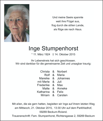 Traueranzeige von Inge Stumpenhorst von Die Glocke