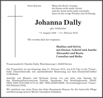 Traueranzeige von Johanna Dally von Die Glocke